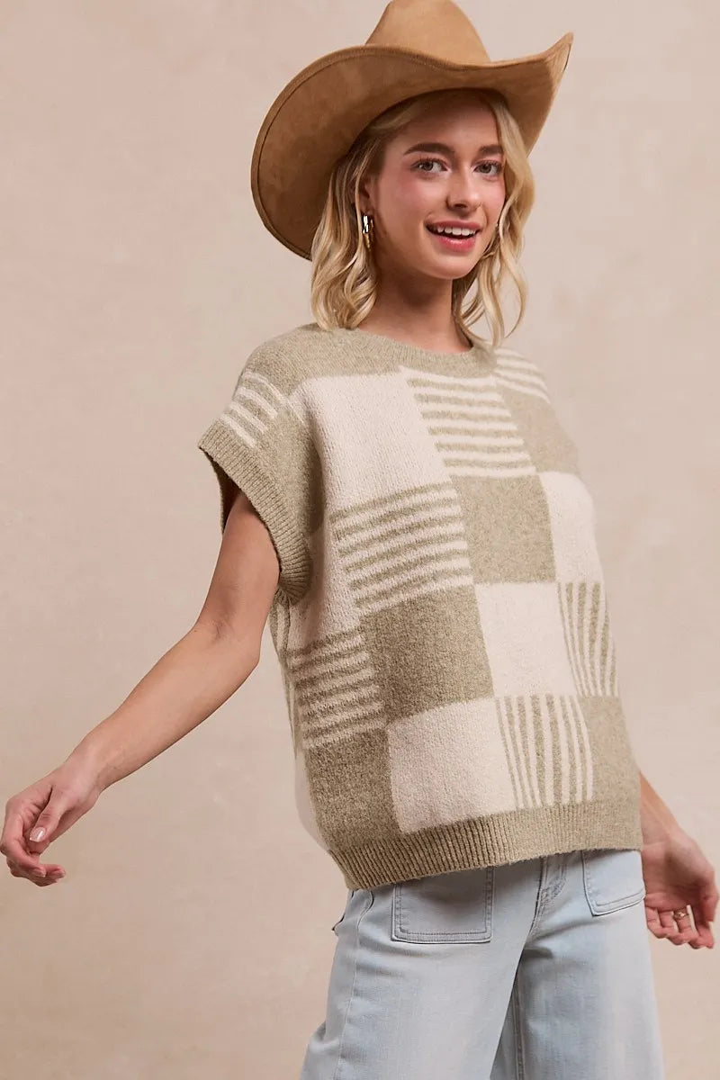 Checker Pattern Sweaters BiBi Checker With Stripes Pattern Sleeveless Sweater – Farrah & Co
